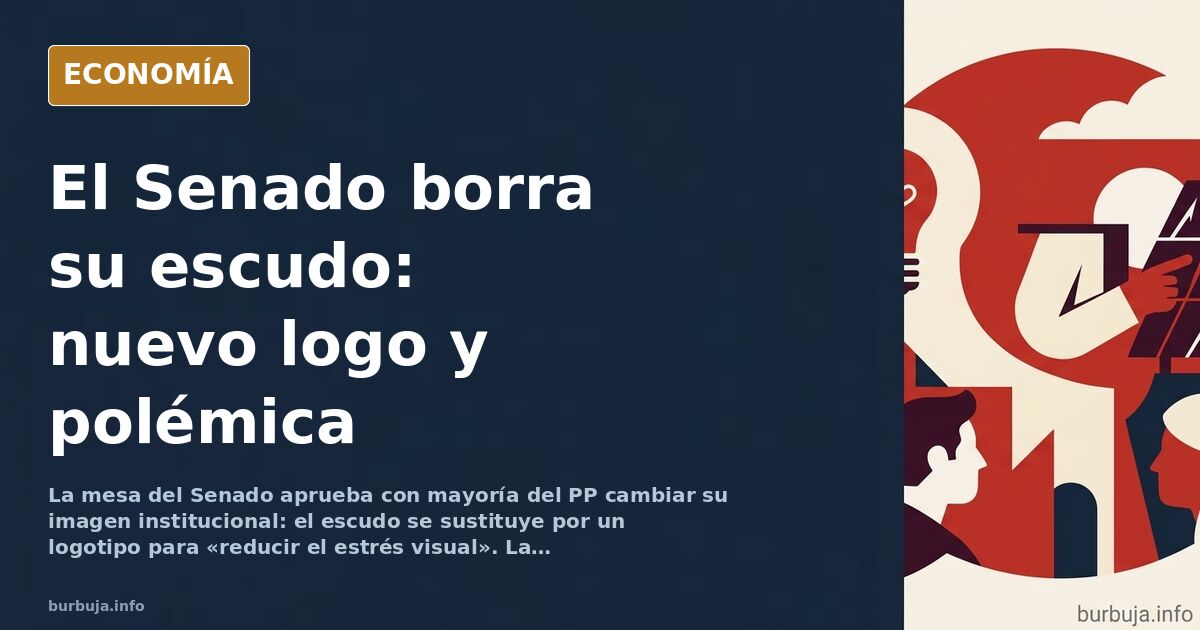 Ilustración editorial del Senado de España con un logotipo geométrico sustituyendo el escudo tradicional en la fachada