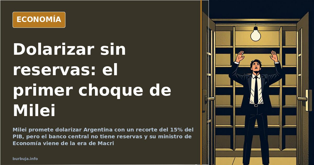 Ilustración editorial de un billete de peso argentino junto a una balanza y columnas de un banco central sobre fondo azul mar