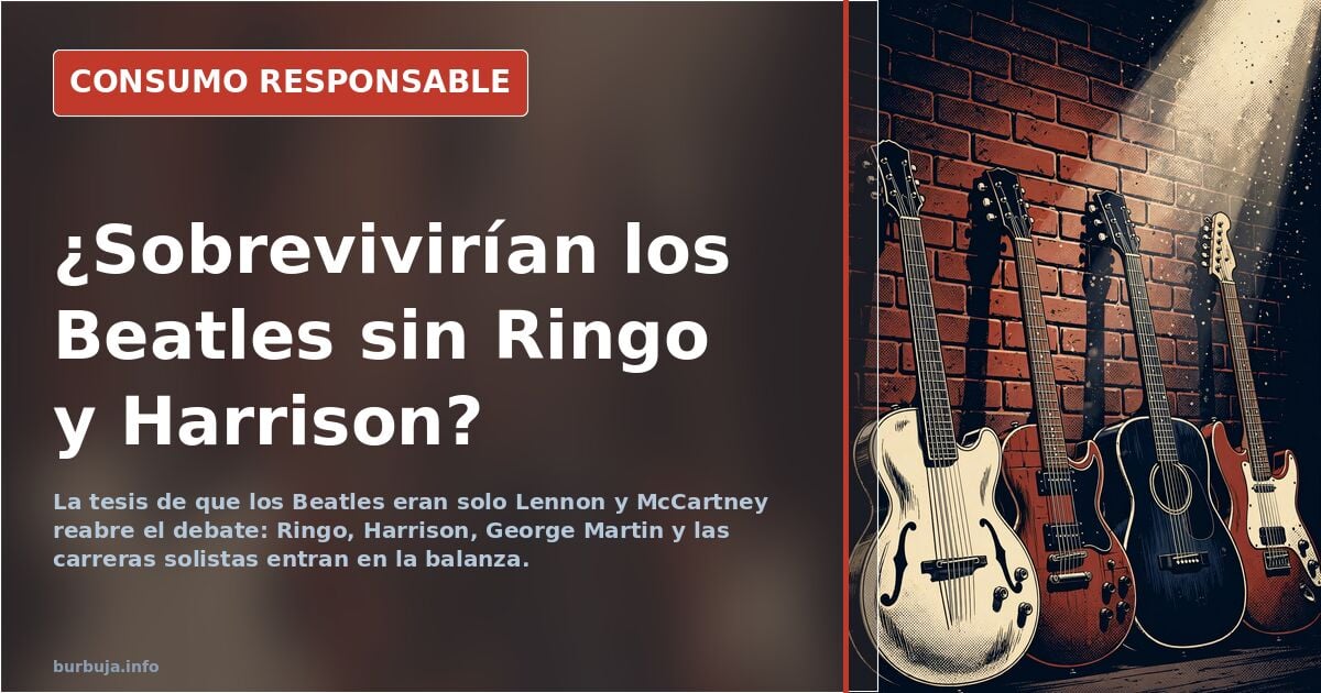 Portada de un disco de los Beatles junto a una batería y una guitarra, símbolos del debate sobre Lennon, McCartney, Ringo y H