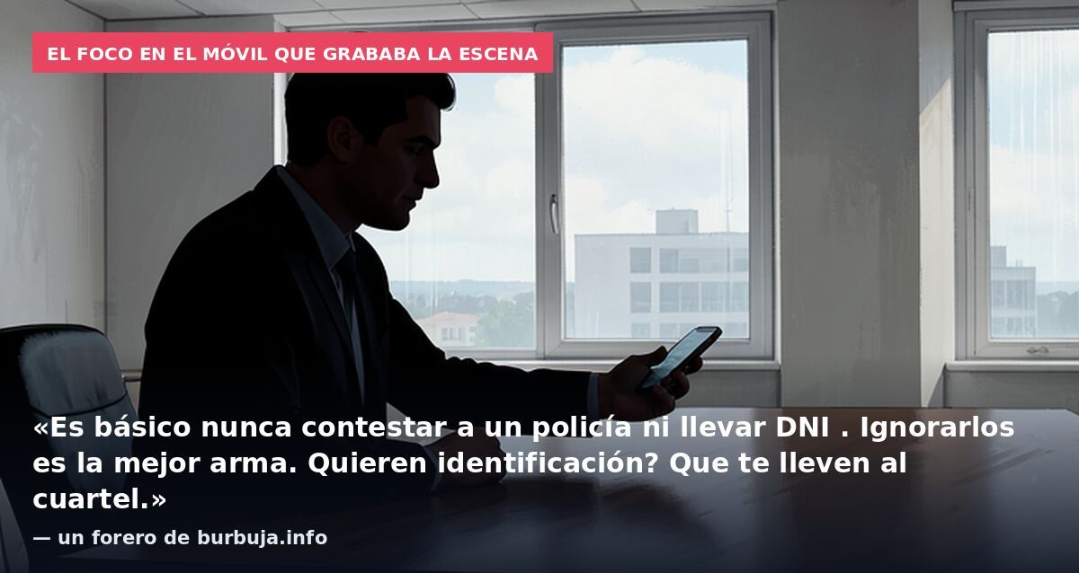 El foco en el móvil que grababa la escena: «Es básico nunca contestar a un policía ni llevar DNI . Ignorarlos es la mejor arma. Quieren identificación? Que te lleven al cuartel.» — un forero de burbuja.info