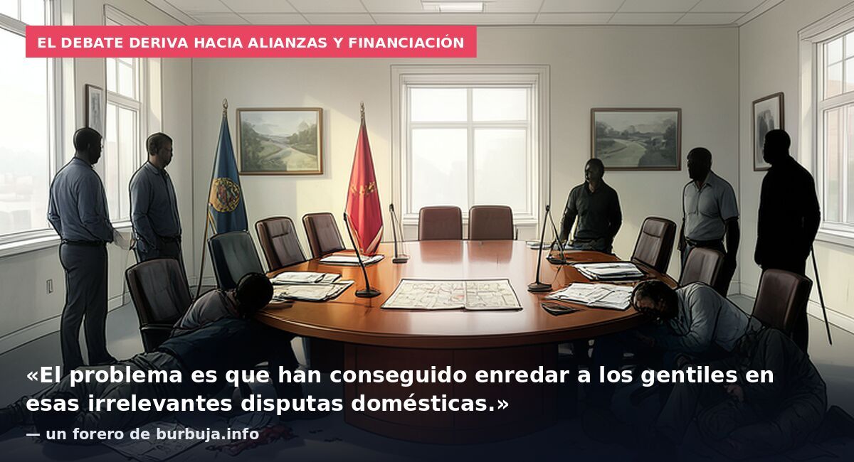 El debate deriva hacia alianzas y financiación: «El problema es que han conseguido enredar a los gentiles en esas irrelevantes disputas domésticas.» — un forero de burbuja.info