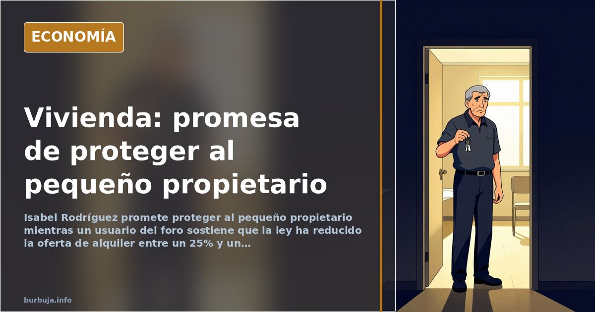 Ilustración editorial de una vivienda con una balanza desequilibrada entre propietario e inquilino en tonos azul marino y dor