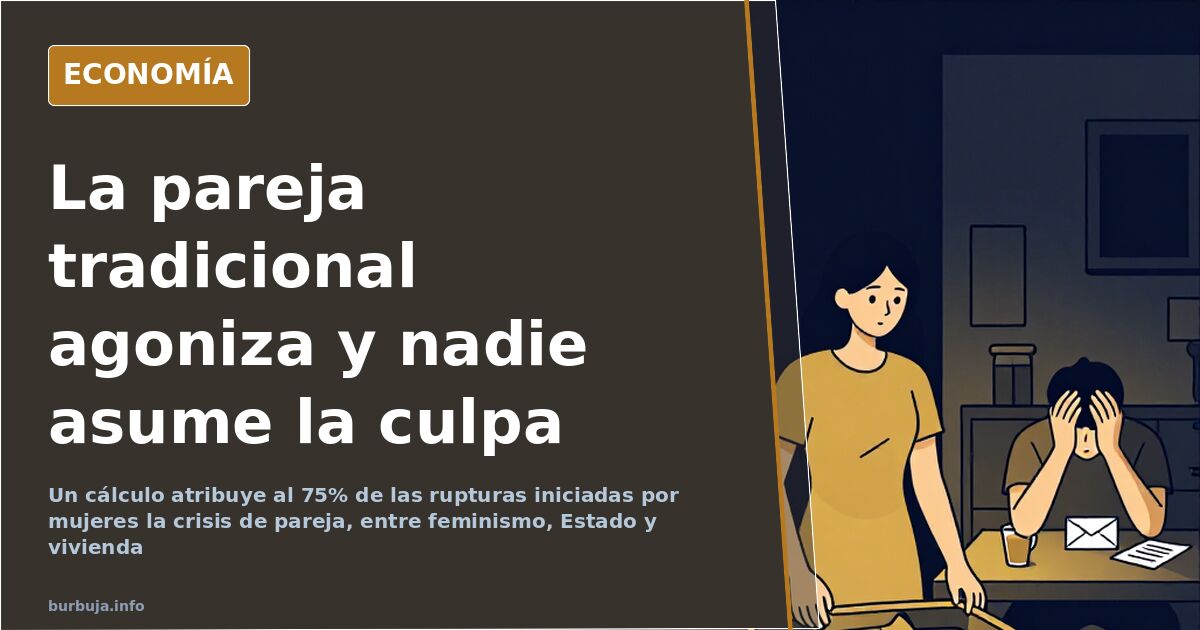Ilustración editorial de una pareja tradicional heterosexual en crisis, separada por una brecha dorada sobre fondo azul marin