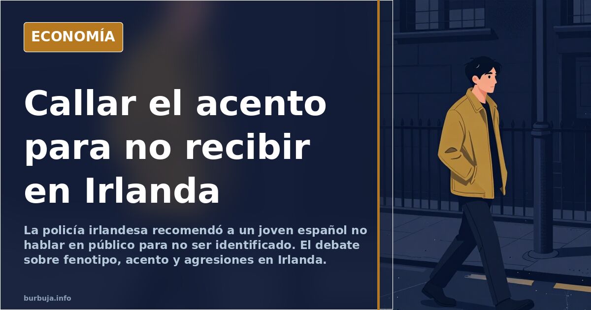 Ilustración editorial de siluetas de personas en una calle nocturna irlandesa con un cartel de silencio