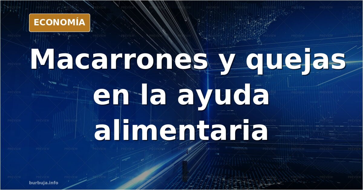 Ilustración editorial de paquetes de macarrones y una cesta de alimentos, símbolo del debate sobre la ayuda alimentaria y las