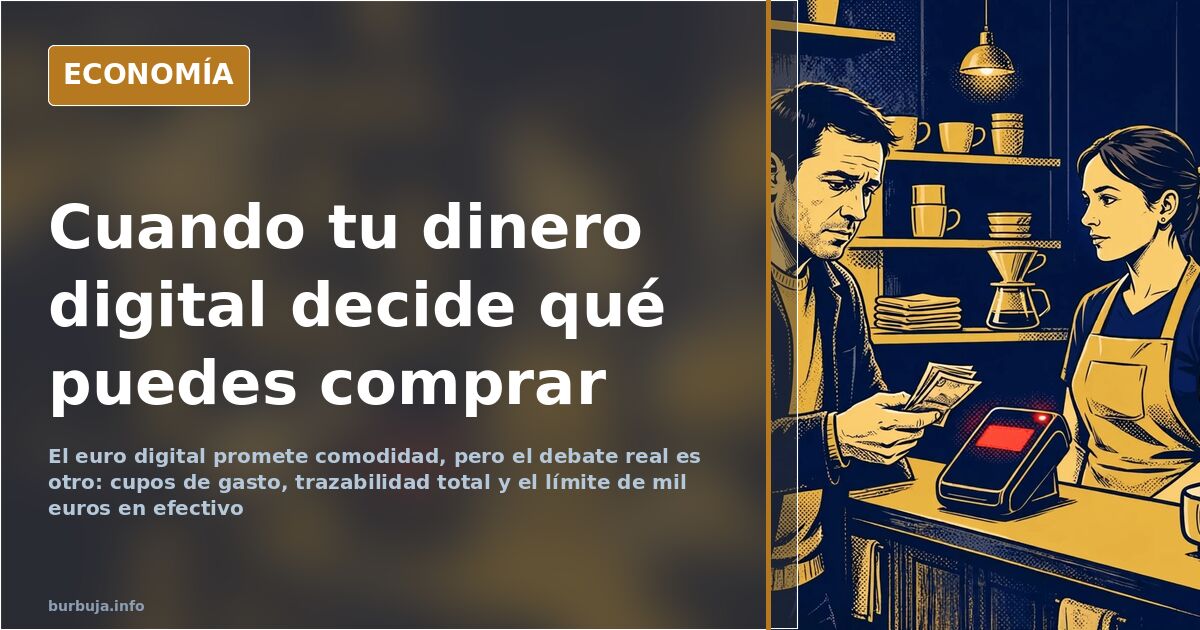 Ilustración editorial de un billete desintegrándose en dígitos binarios sobre fondo azul marino con detalles dorados, símbolo