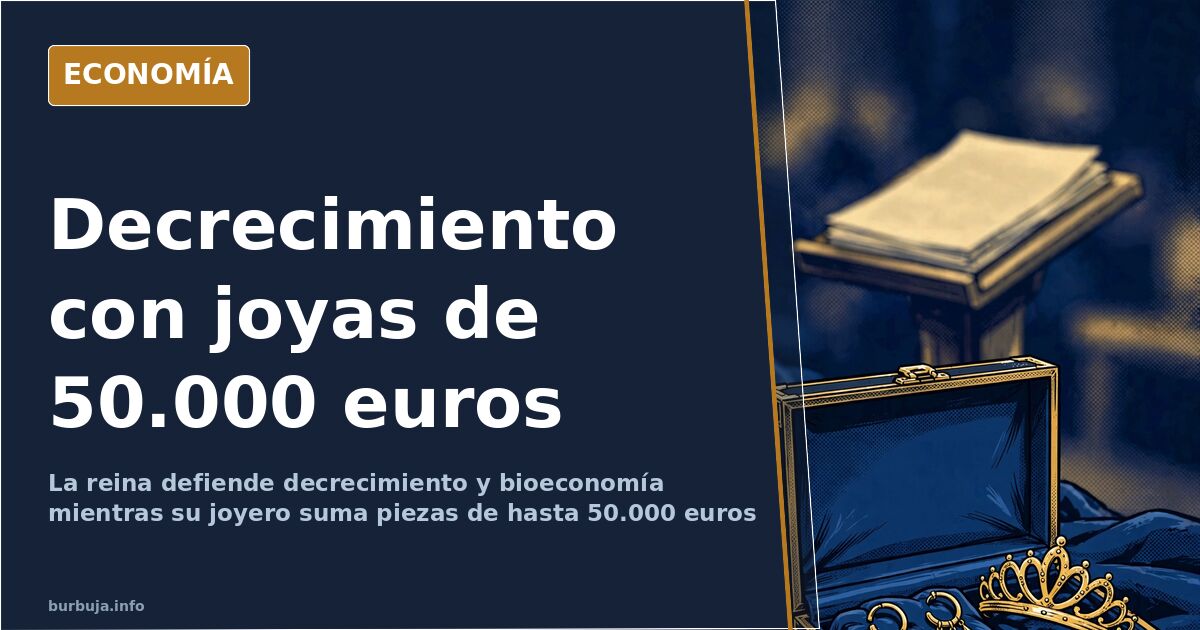 Joyero real abierto sobre terciopelo azul con pendientes y tiaras junto al discurso de moderar el consumo