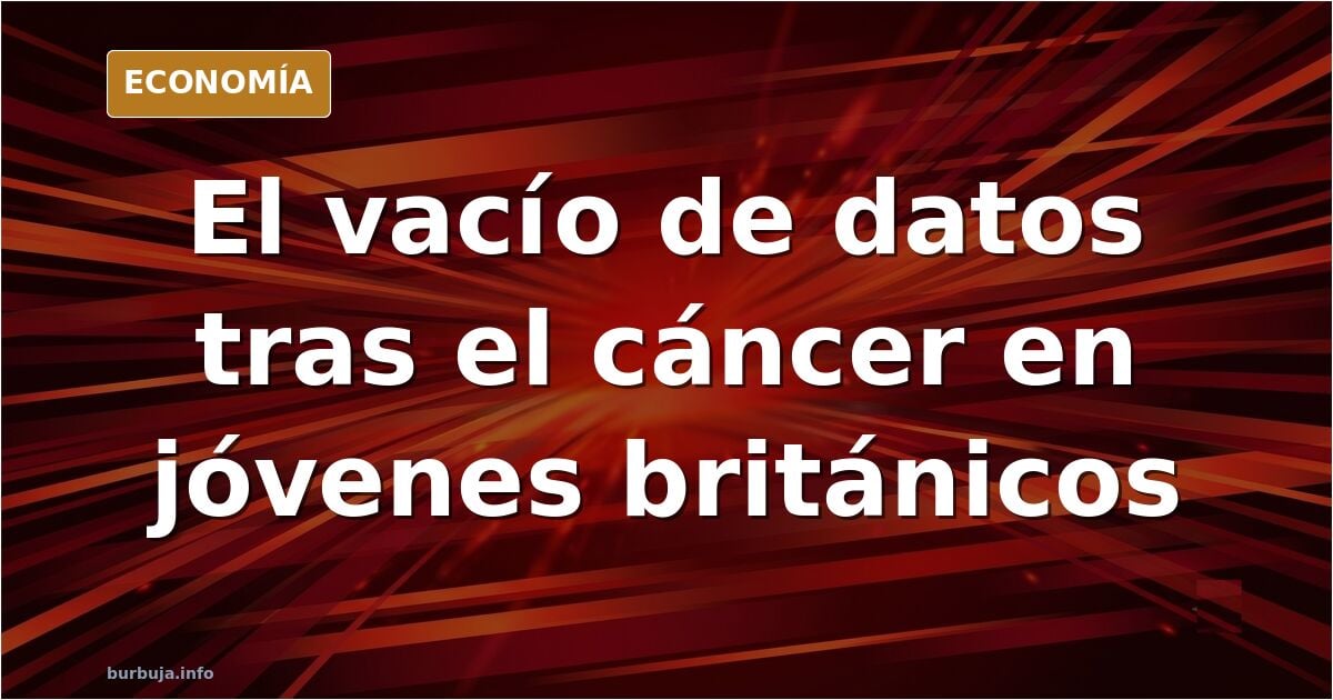 Ilustración editorial en azul marino y dorado con gráficos y fichas sobre el cáncer en jóvenes británicos de 15 a 44 años