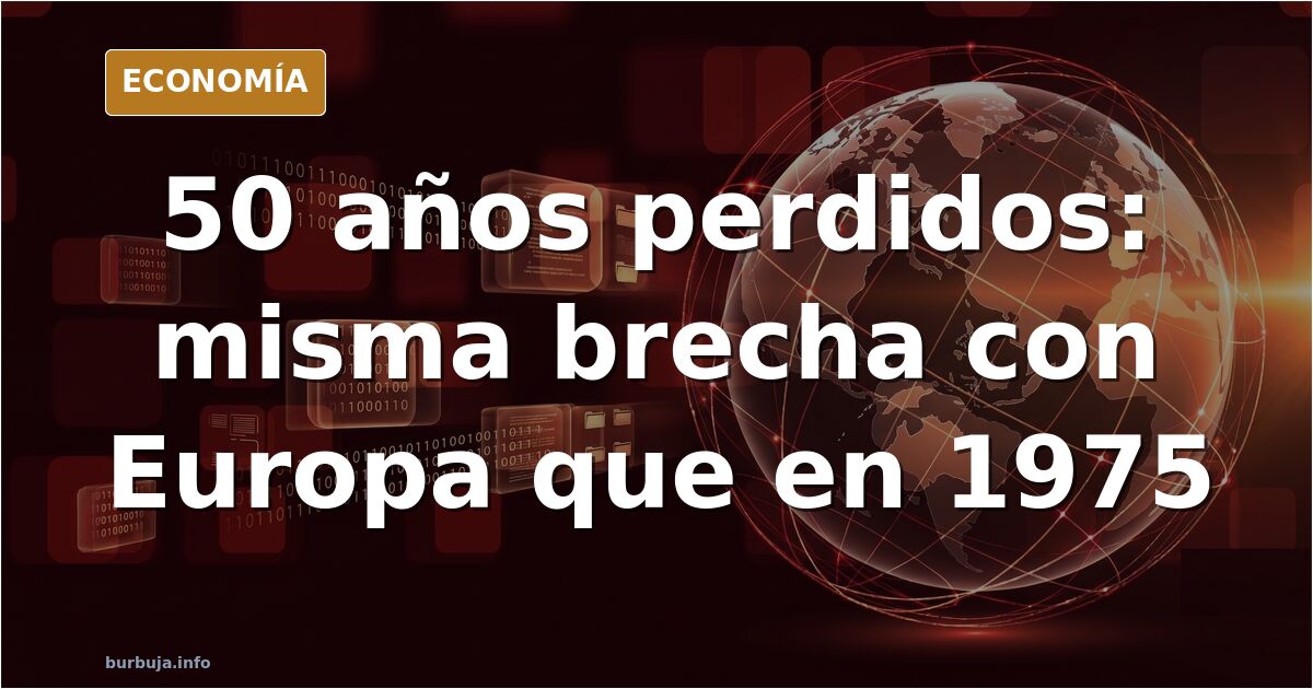 Gráfico editorial con líneas divergentes que muestran el estancamiento del PIB per cápita español frente a la media europea d