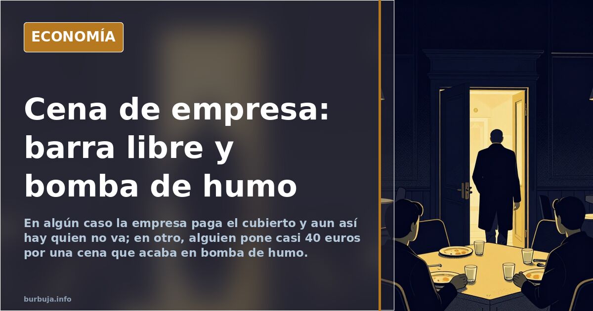 Comensales de una cena de Navidad de empresa con copas en la mano en un restaurante de mantel largo y sillas vacías