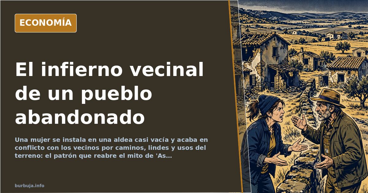Ilustración editorial de una casa solitaria en un valle de montaña con un camino en disputa entre vecinos