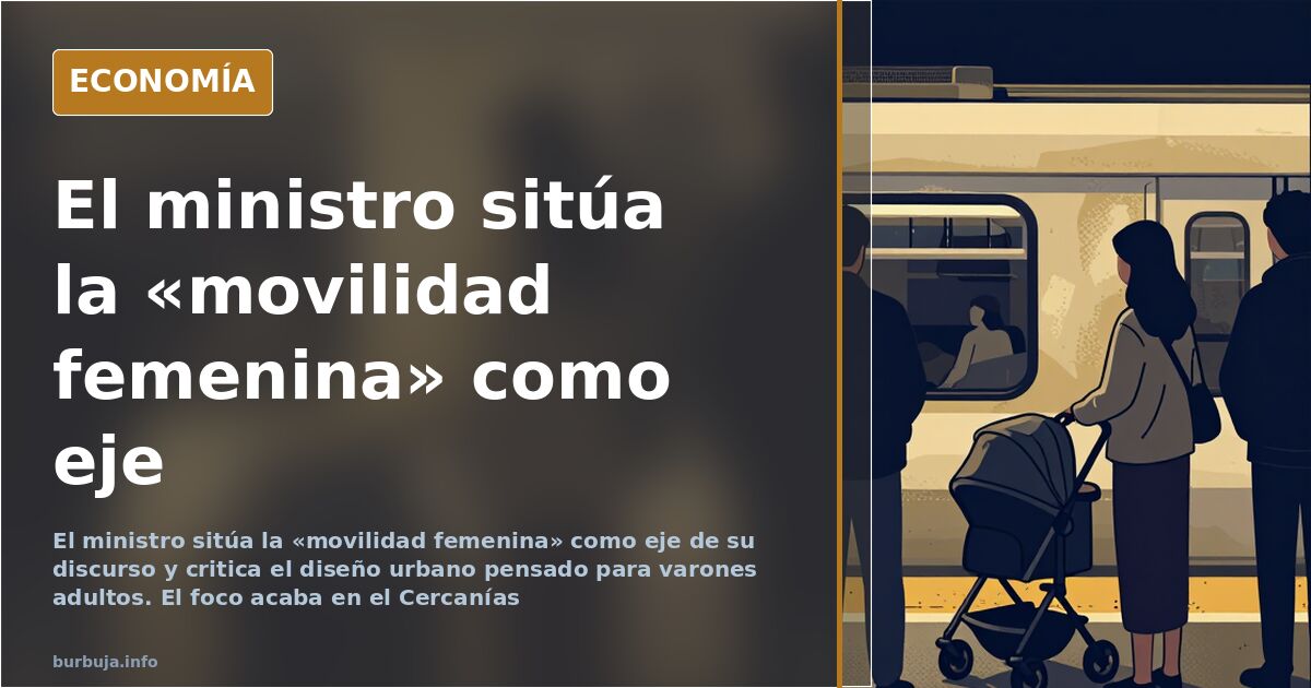 Ilustración editorial de un ministro ante un atril con un mapa de movilidad urbana y trenes de Cercanías al fondo