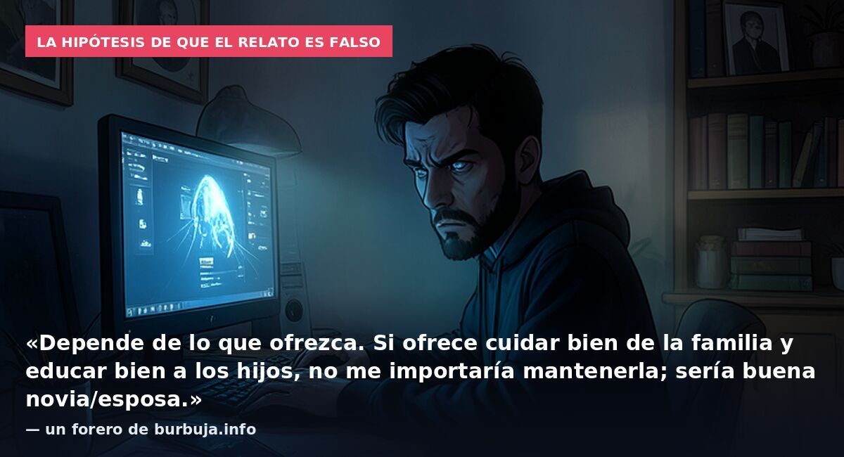 La hipótesis de que el relato es falso: «Depende de lo que ofrezca. Si ofrece cuidar bien de la familia y educar bien a los hijos, no me importaría mantenerla; sería buena novia/esposa.» — un forero de burbuja.info