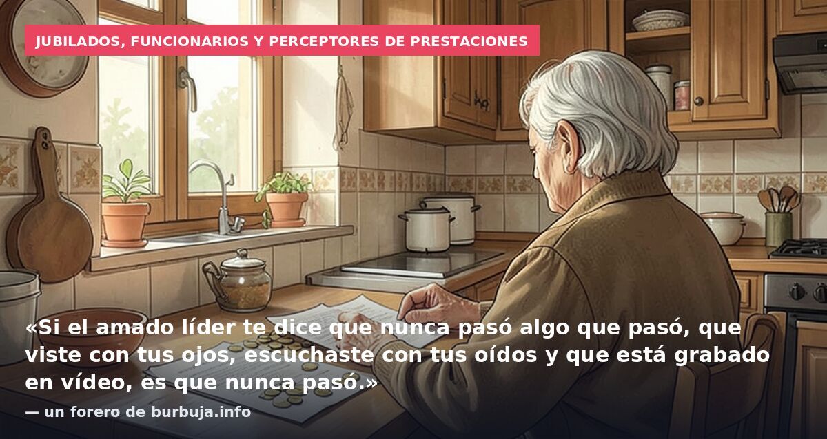 Jubilados, funcionarios y perceptores de prestaciones: «Si el amado líder te dice que nunca pasó algo que pasó, que viste con tus ojos, escuchaste con tus oídos y que está grabado en vídeo, es que nunca pasó.» — un forero de burbuja.info