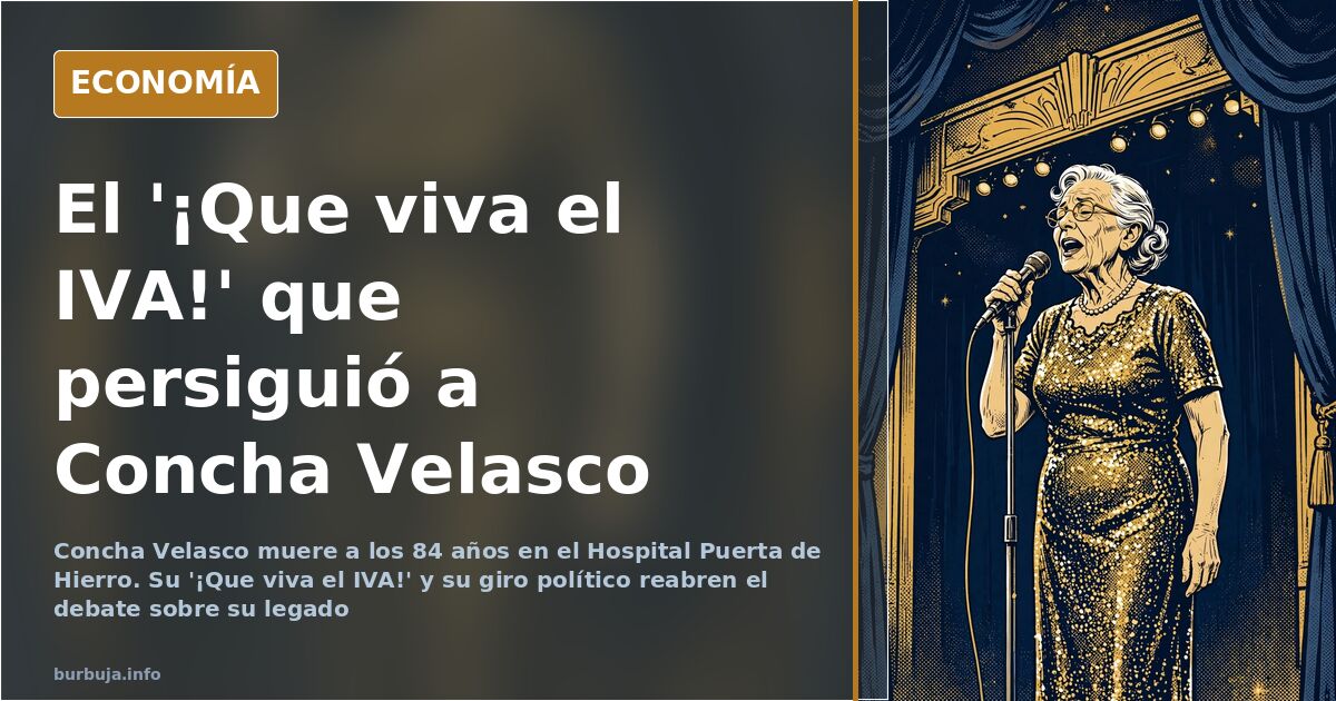 Ilustración editorial de la actriz Concha Velasco frente a un micrófono, símbolo de su actuación sobre el IVA en los años och