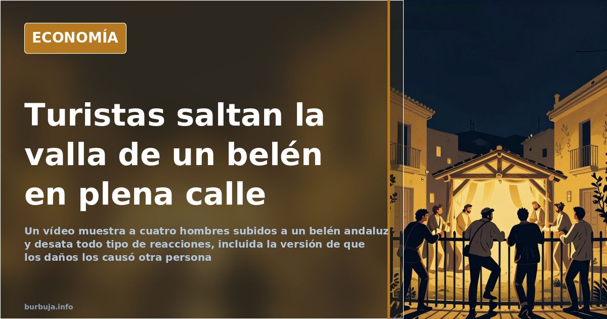 Grupo de turistas subidos a un belén navideño en la calle mientras alguien los graba desde el otro lado de la valla
