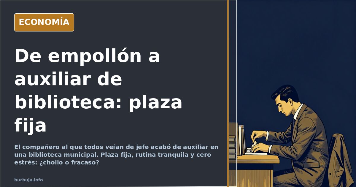 Auxiliar de biblioteca municipal colocando libros devueltos en una estantería, con luz cálida y una placa de plaza fija en la