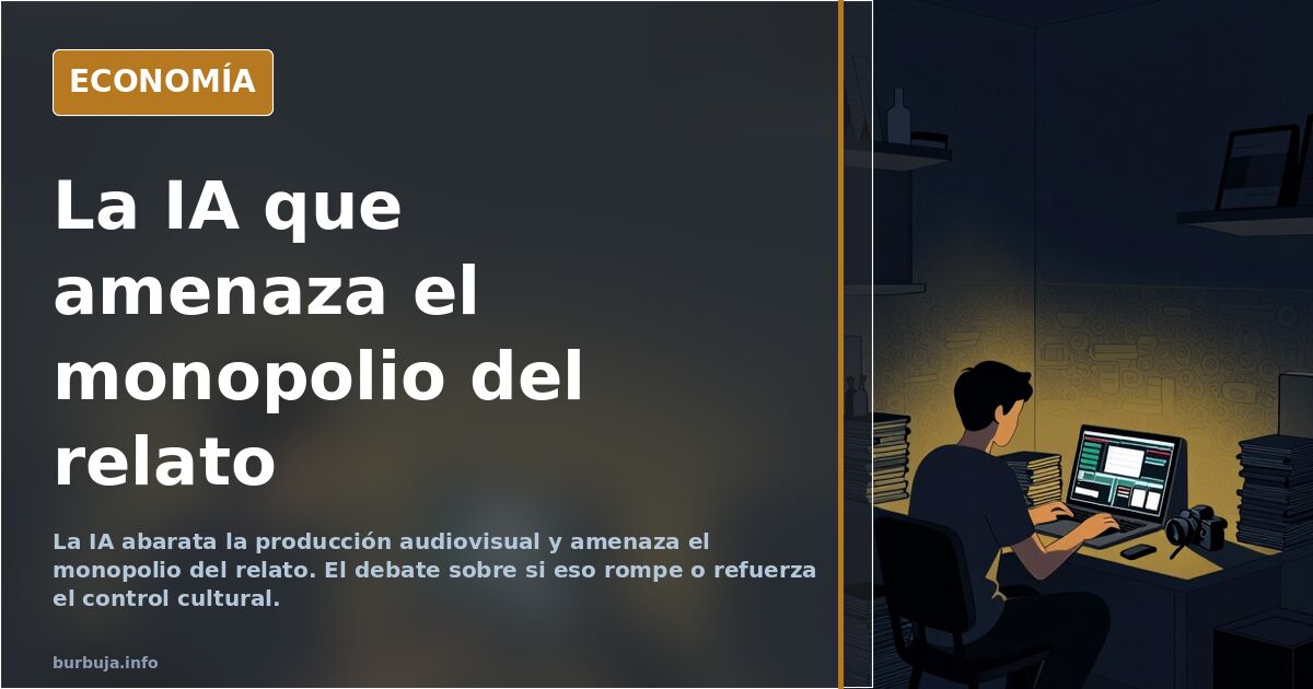 Ilustración editorial de una pantalla de ordenador generando imágenes mientras varias figuras observan el proceso
