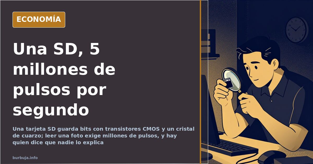 Primer plano de una tarjeta SD desmontada junto a un esquema de transistores CMOS y ondas de reloj sobre fondo azul marino