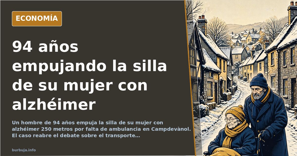 Ilustración editorial de un anciano empujando una silla de ruedas por una calle vacía y fría al atardecer
