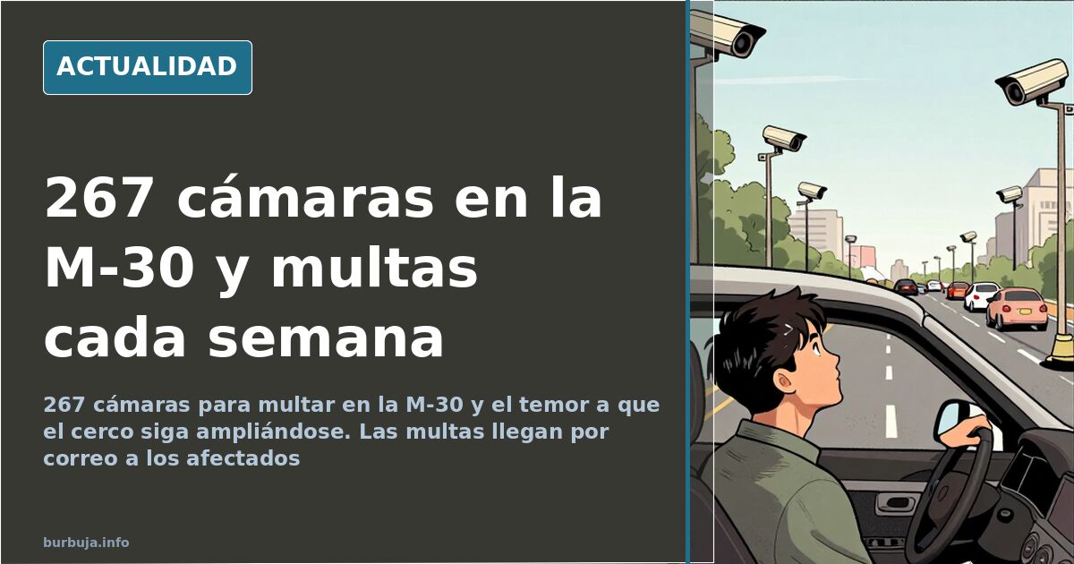 Cámaras de lectura de matrículas sobre un pórtico en la M-30 de Madrid con tráfico denso al fondo