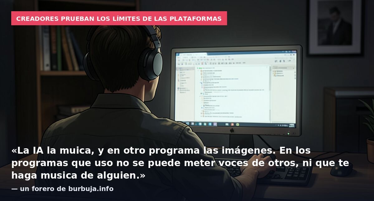 Creadores prueban los límites de las plataformas: «La IA la muica, y en otro programa las imágenes. En los programas que uso no se puede meter voces de otros, ni que te haga musica de alguien.» — un forero de burbuja.info