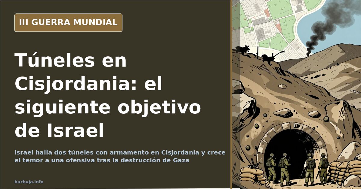 Ilustración documental desaturada de túneles subterráneos en Cisjordania con siluetas de equipo militar y humo lejano en el h