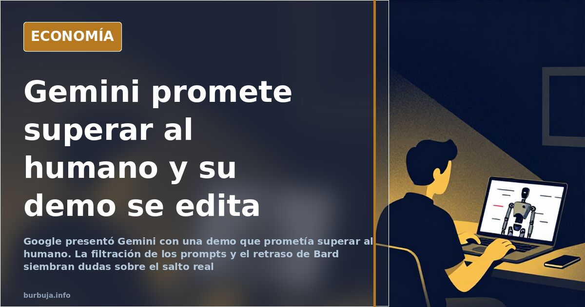 Composición editorial sobre Gemini, la inteligencia artificial de Google: pantallas y datos en azul marino y dorado