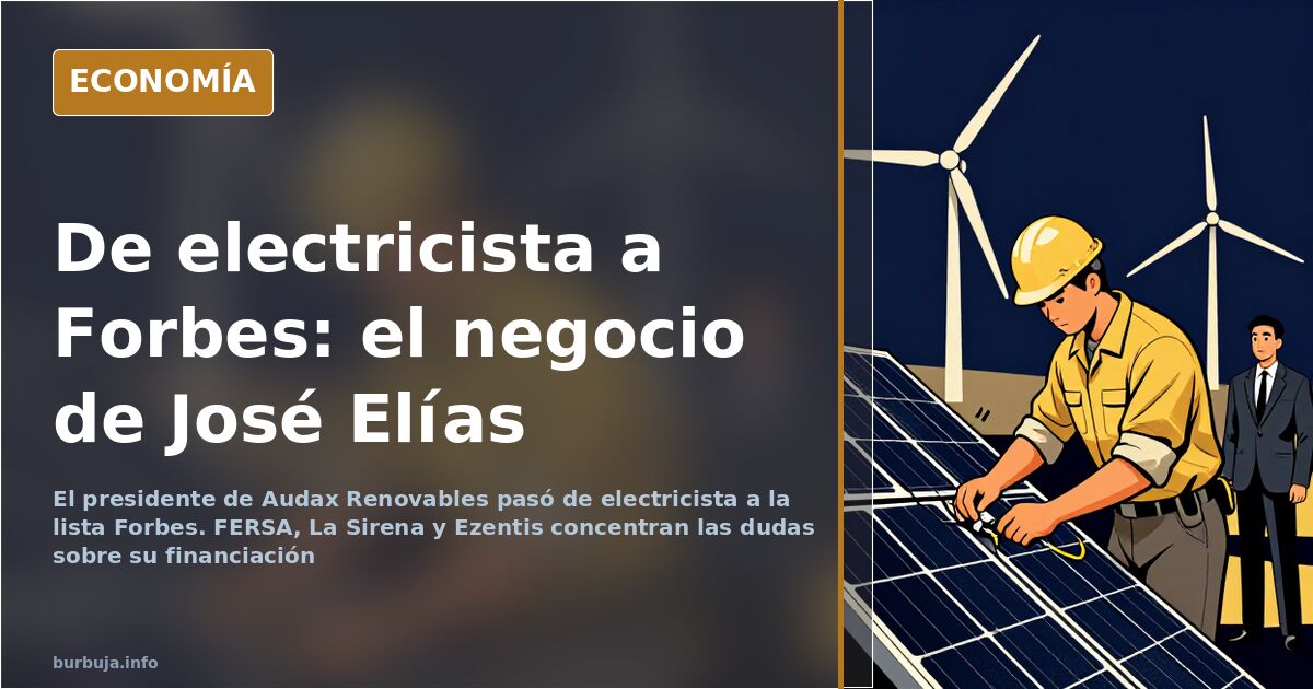 Ilustración editorial de un empresario ante torres eléctricas y gráficos bursátiles en caída, en tonos azul oscuro y dorado