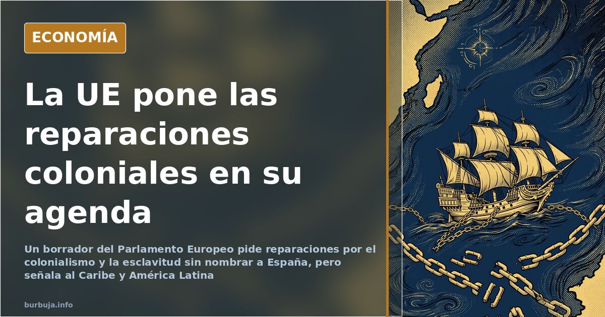 Ilustración editorial sobre las reparaciones coloniales: mapa de América y Europa con cadenas rotas sobre fondo azul marino