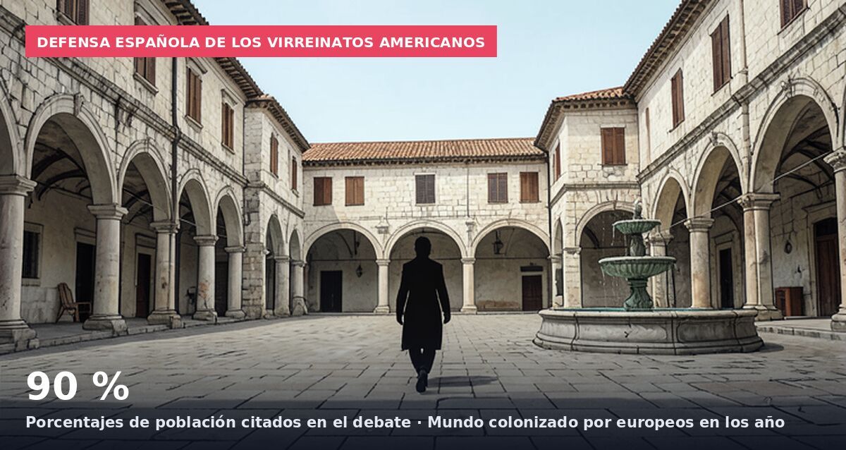 Defensa española de los virreinatos americanos: 90 % Porcentajes de población citados en el debate · Mundo colonizado por europeos en los año