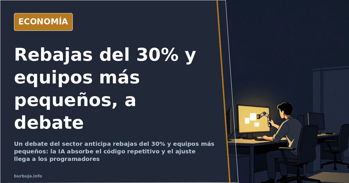 Ilustración editorial de una mesa de programador con teclado, líneas de código y una silla vacía bajo un foco dorado