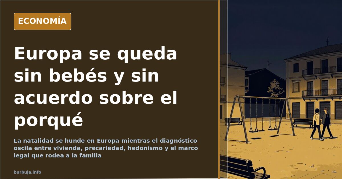 Ilustración editorial de una cuna vacía junto a una gráfica descendente de la natalidad europea