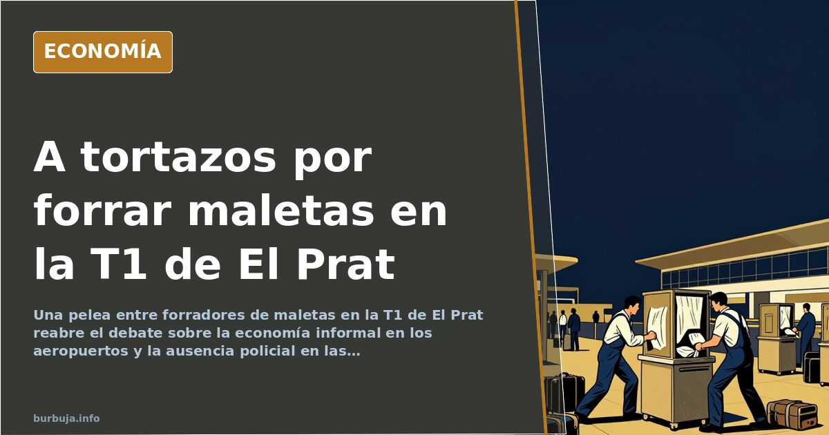 Escena editorial de la terminal T1 del aeropuerto de Barcelona con carritos de equipaje y rollos de plástico de forrar maleta