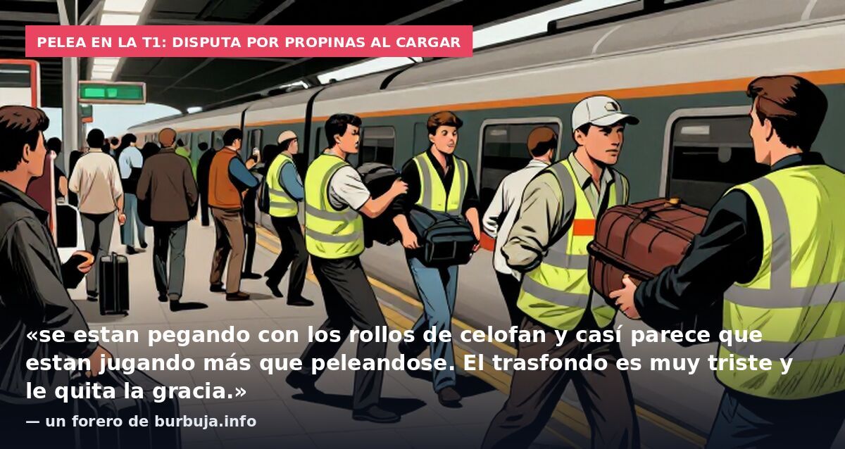 Pelea en la T1: disputa por propinas al cargar: «se estan pegando con los rollos de celofan y casí parece que estan jugando más que peleandose. El trasfondo es muy triste y le quita la gracia.» — un forero de burbuja.info