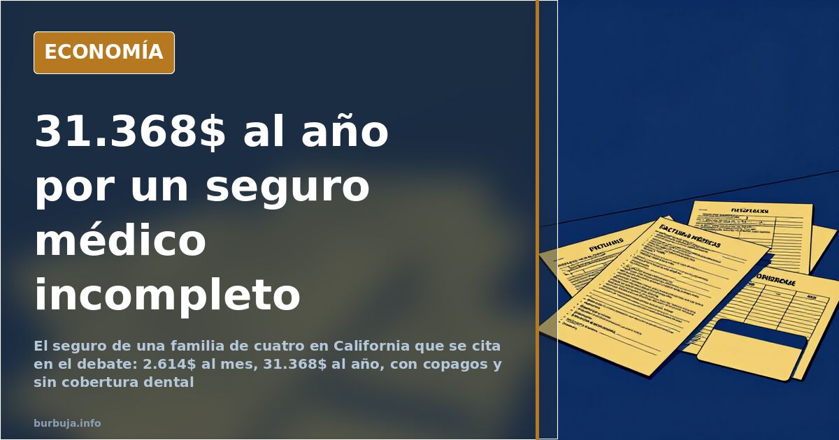 Documentos y facturas de un seguro médico en California sobre una mesa, con la cifra mensual de una familia de cuatro