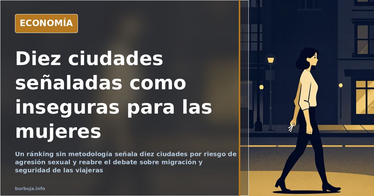 Ilustración de un mapamundi con diez ciudades señaladas en un ránking sobre riesgo de agresión sexual para mujeres viajeras