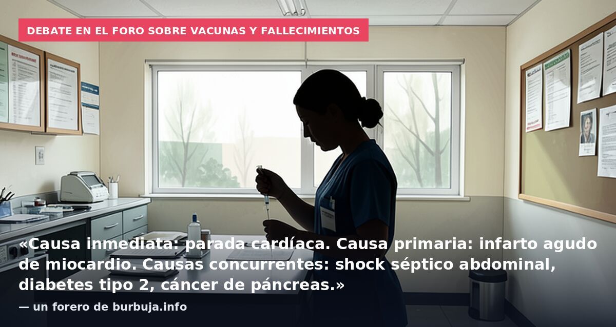 Debate en el foro sobre vacunas y fallecimientos: «Causa inmediata: parada cardíaca. Causa primaria: infarto agudo de miocardio. Causas concurrentes: shock séptico abdominal, diabetes tipo 2, cáncer de páncreas.» — un forero de burbuja.info