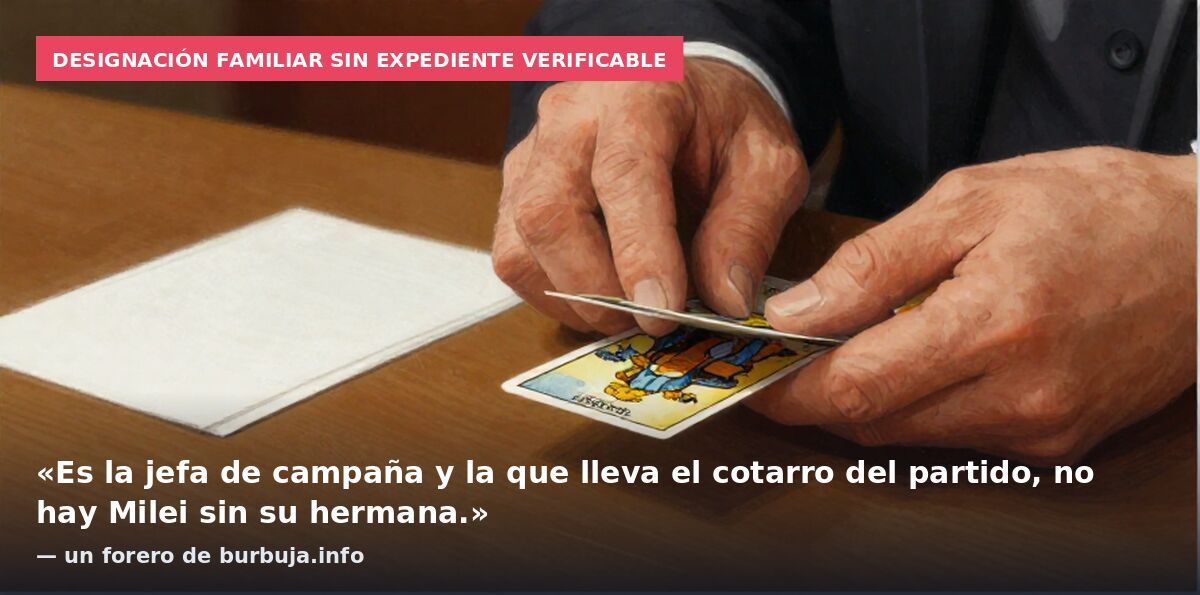 Designación familiar sin expediente verificable: «Es la jefa de campaña y la que lleva el cotarro del partido, no hay Milei sin su hermana.» — un forero de burbuja.info