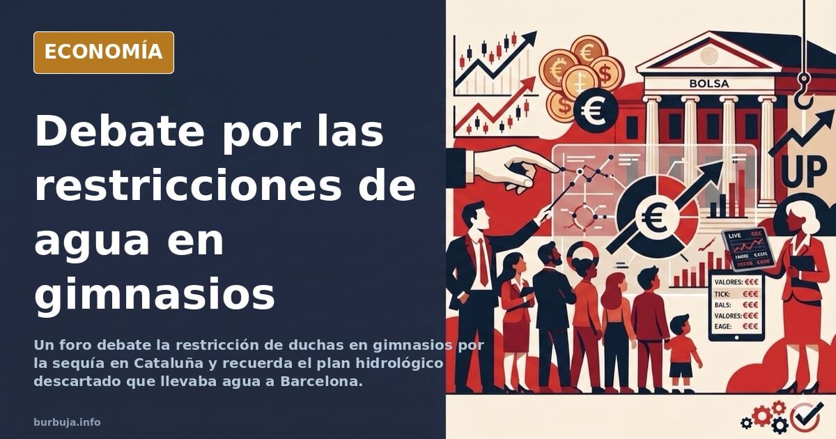 Ilustración editorial de una ducha de gimnasio cerrada con cinta de restricción y una gota de agua cayendo sobre un mapa de C