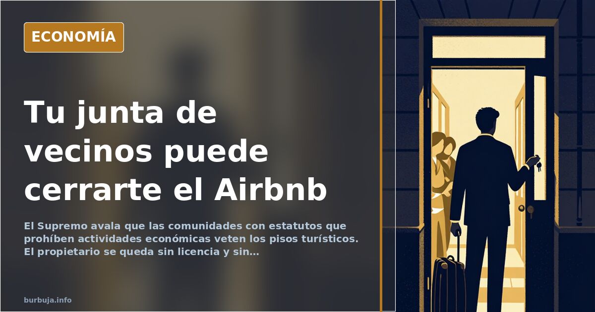 Ilustración editorial de un edificio de viviendas con una puerta cerrada y un cartel de prohibido en un piso turístico