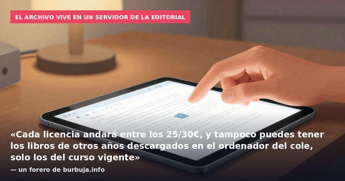 El archivo vive en un servidor de la editorial: «Cada licencia andará entre los 25/30€, y tampoco puedes tener los libros de otros años descargados en el ordenador del cole, solo los del curso vigente» — un forero de burbuja.info