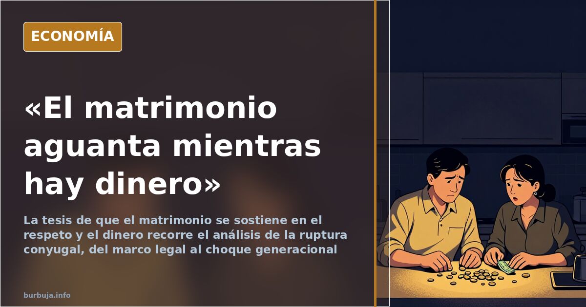 Ilustración editorial de una pareja separada por una grieta, con un contrato de matrimonio y monedas sobre la mesa