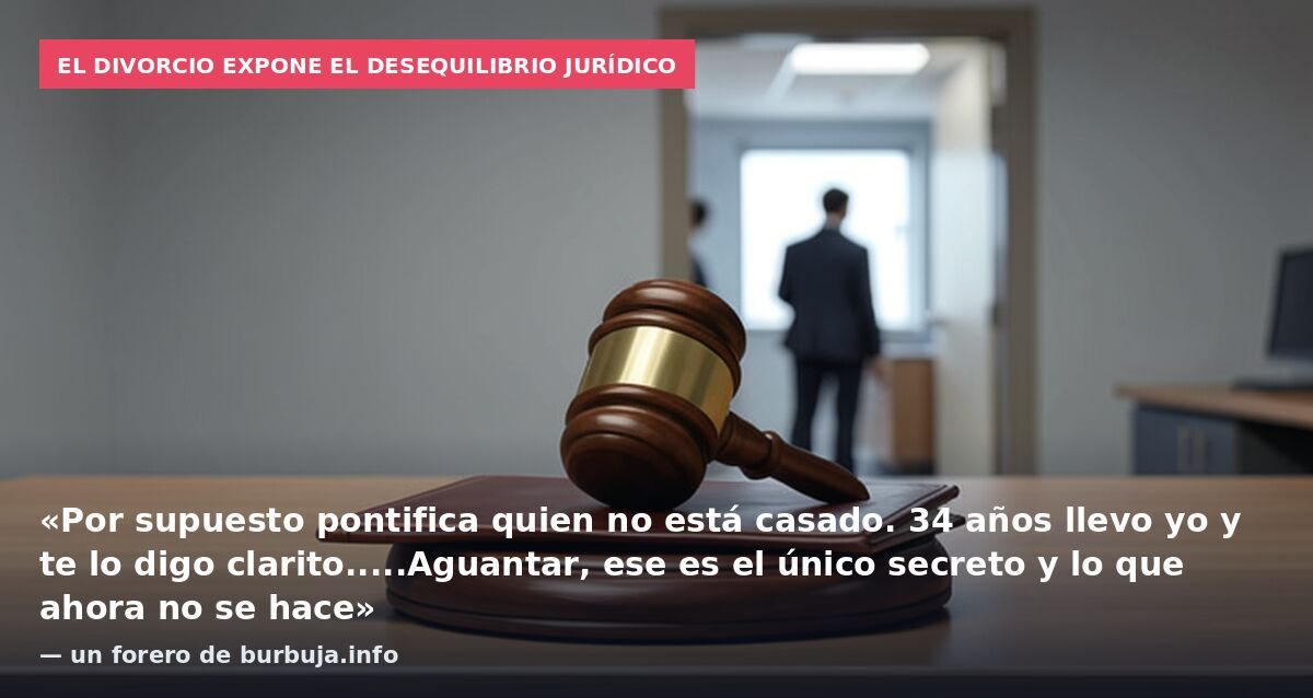 El divorcio expone el desequilibrio jurídico: «Por supuesto pontifica quien no está casado. 34 años llevo yo y te lo digo clarito.....Aguantar, ese es el único secreto y lo que ahora no se hace» — un forero de burbuja.info