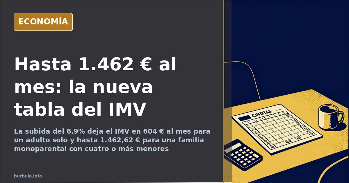 Tabla impresa con las cuantías del Ingreso Mínimo Vital para 2024 junto a una calculadora sobre una mesa de despacho