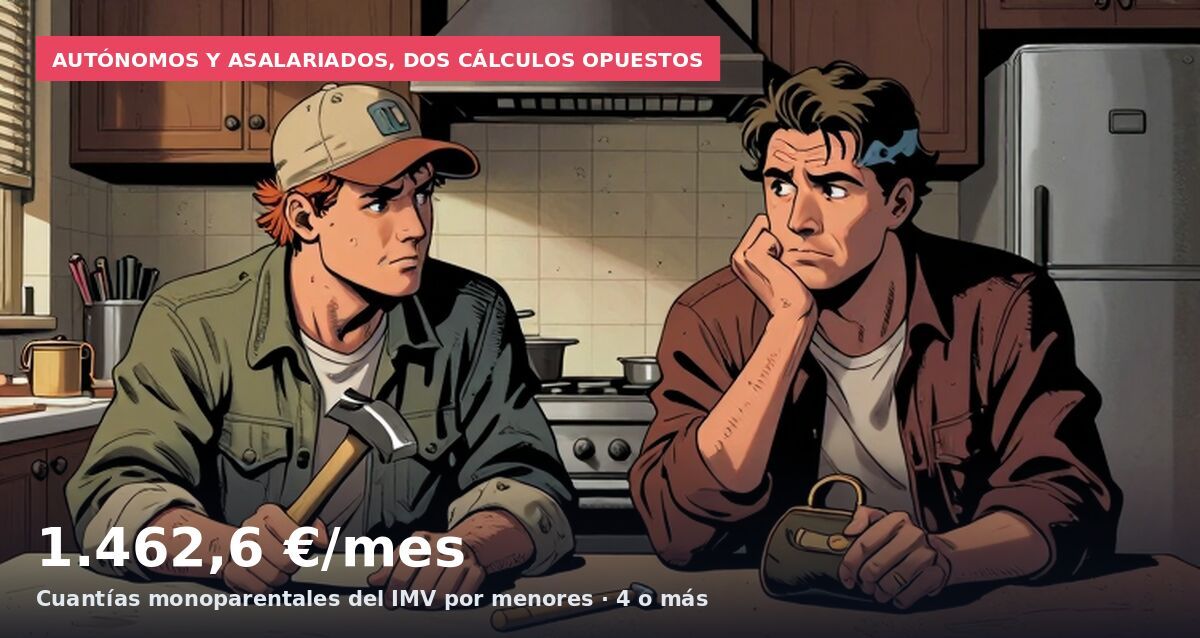 Autónomos y asalariados, dos cálculos opuestos: 1.462,6 €/mes Cuantías monoparentales del IMV por menores · 4 o más