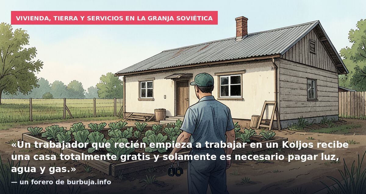 Vivienda, tierra y servicios en la granja soviética: «Un trabajador que recién empieza a trabajar en un Koljos recibe una casa totalmente gratis y solamente es necesario pagar luz, agua y gas.» — un forero de burbuja.info