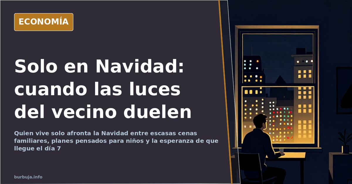 Persona sola cenando en un piso mientras en los balcones de enfrente lucen luces navideñas encendidas