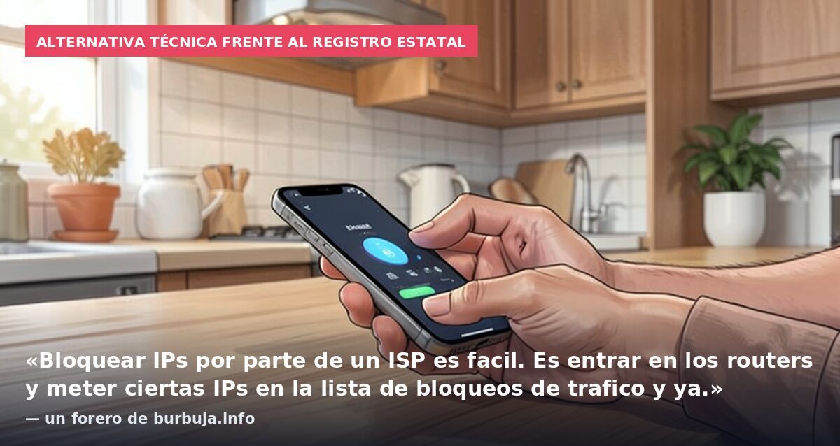 Alternativa técnica frente al registro estatal: «Bloquear IPs por parte de un ISP es facil. Es entrar en los routers y meter ciertas IPs en la lista de bloqueos de trafico y ya.» — un forero de burbuja.info