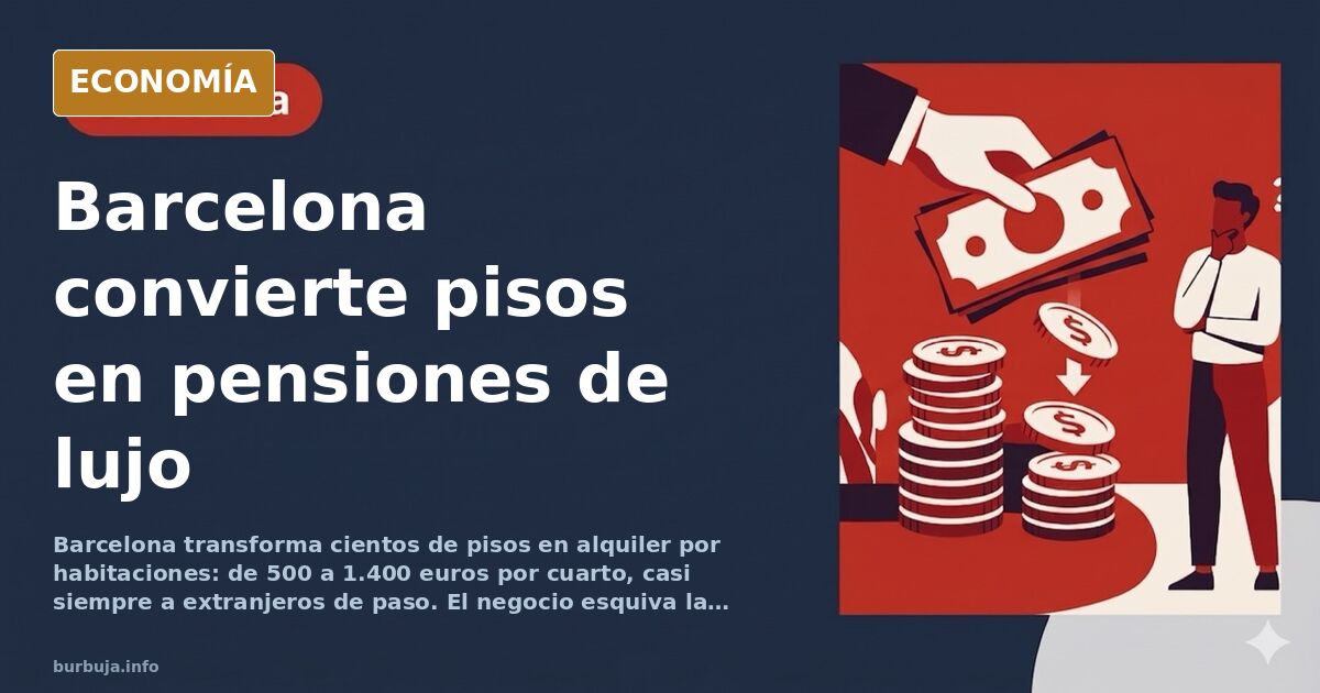 Ilustración editorial de un edificio de Barcelona dividido en habitaciones, con llaves y contratos temporales, en azul marino